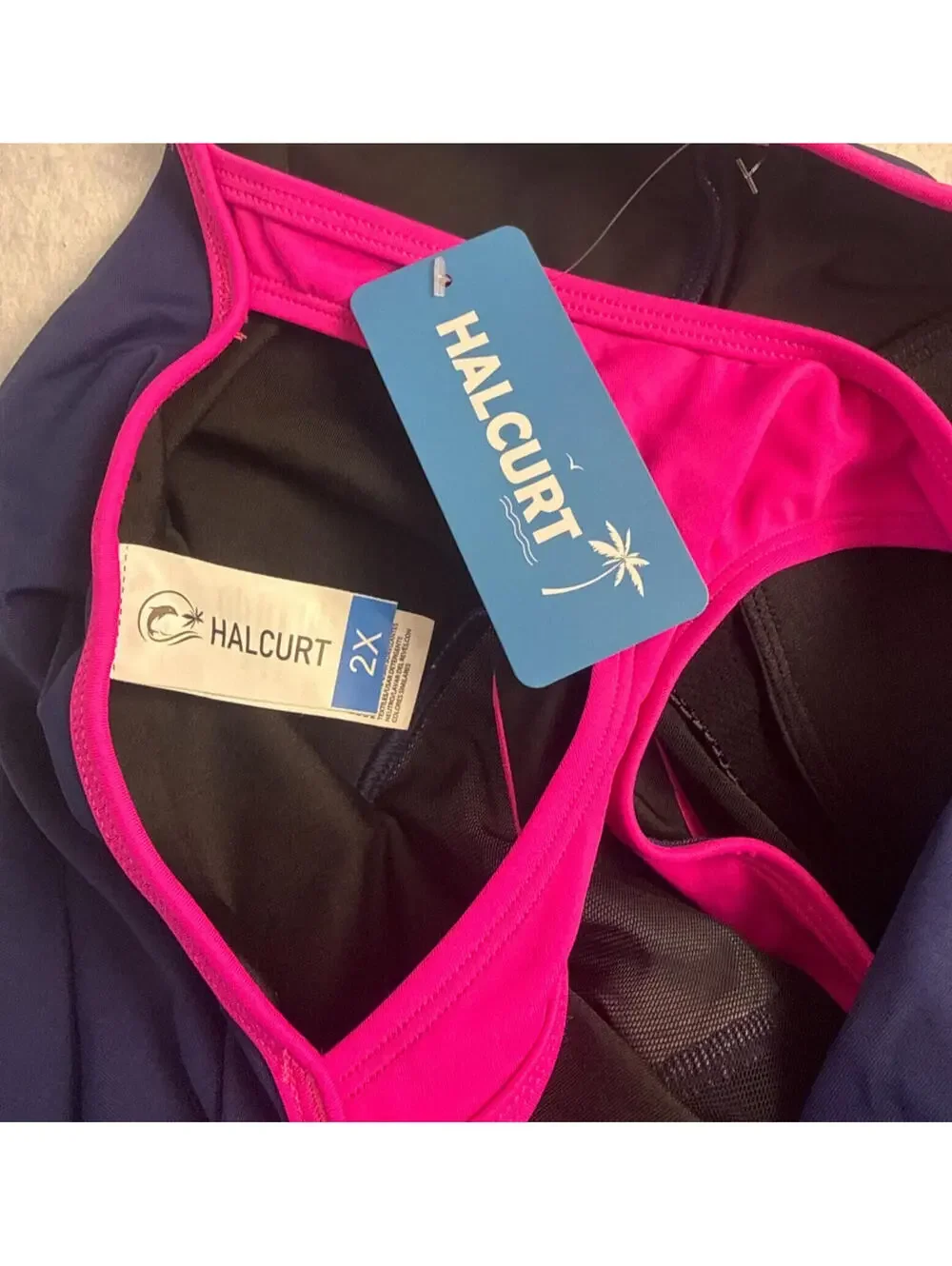 Halcurt Womens 2XL Navy Pink Racerback One Piece Performance Swimsuit NWT